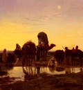 Eugene Alexis Girardet Camel Train By An Oasis At Dawn