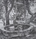 fountain in the garden of the saint pauls hospital, saint remy