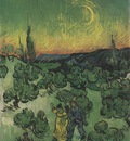 landscape with walking couple and moon in first quarter, saint remy