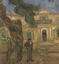 pines with human figure in the garden of the saint pauls hospital, saint remy
