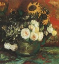 pot with sunflowers, roses and other flowers, paris