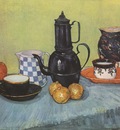 still life coffee blue enamel, earthenware and fruit, arles