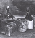 still life with ceramic dishes, bottles and a box, nuenen