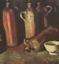 still life with four stoned bottles, flask and white bowl, nuenen