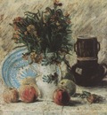 vase with flowers, coffee pot and fruit, paris