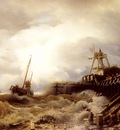 Achenbach Andreas A Fishing Boat Caught In A Squall Off A Jetty