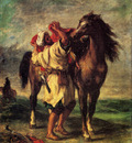 Delacroix Ferdinand Victor Eugene A Moroccan Saddling A Horse