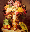 Kuss Ferdinand A Still Life With A Vase Of Assorted Flowers Peaches And A Parrot On A Marble Ledg