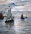 Mesdag Hendrik Willem Sailing ships at Scheveningse coast Su