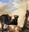potter paulus two cows and a bull beside a fence sun