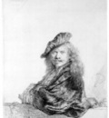 rembrandt self portrait, leaning on a stone sill,