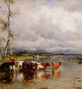 Roelofs Willem River landscape with cows Sun