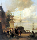 Figures At A Market Stall By A Harbour