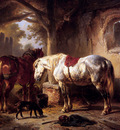 Verschuur Wouterus Two horses a dog and caretaker Sun