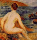 nude bather seated by the sea
