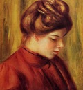 profile of a woman in a red blouse