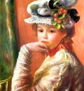 young girl in a white hat also known as woman leaning on her hand