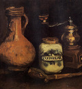 still life with coffee mill pipe case and jug