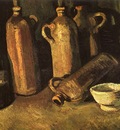 still life with four stone bottles flask and white cup