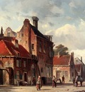 eversen Adrianus View Of Town With Figures In A Sunlit Street