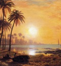 Bierstadt Albert Tropical Landscape with Fishing Boats in Bay