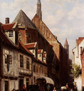 Springer Cornelis A Busy Street In Bremen With The Saint Johann Church In The Background
