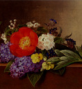 Jensen Johan Laurentz Lilacs Violets Pansies Hawthorn Cuttings And Peonies On A Marble Ledge