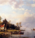 Koekkoek Hermanus A River Landscape With A Ferry And Figures Mending A Boat