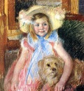 Cassatt Mary Sara in a Large Flowered Hat Looking Right Holding Her Dog