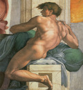 Michelangelo Sistine Chapel Ceiling Ignudi next to Separation of Land and the Persian Sybil