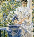 Reid Robert Lewis Woman on a Porch with Flowers