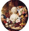 Sartorius Virginie De A Still Life With Assorted Flowers Fruit And A Marble Bust Of A Woman