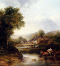 Watts frederick Waters An Extensive River Landscape With A Drover In A Cart With His Cattle