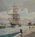 An early morning and the Shaw Saville ship Crusader berthing  at Queen's Wharf, Auckland. 1890's