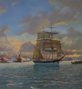 The barque Quathlamba.  Sunset departure from Auckland.