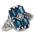 Art Deco Style 2 Carat London Blue Topaz Filigree Ring with Diamond - Sterling Silver